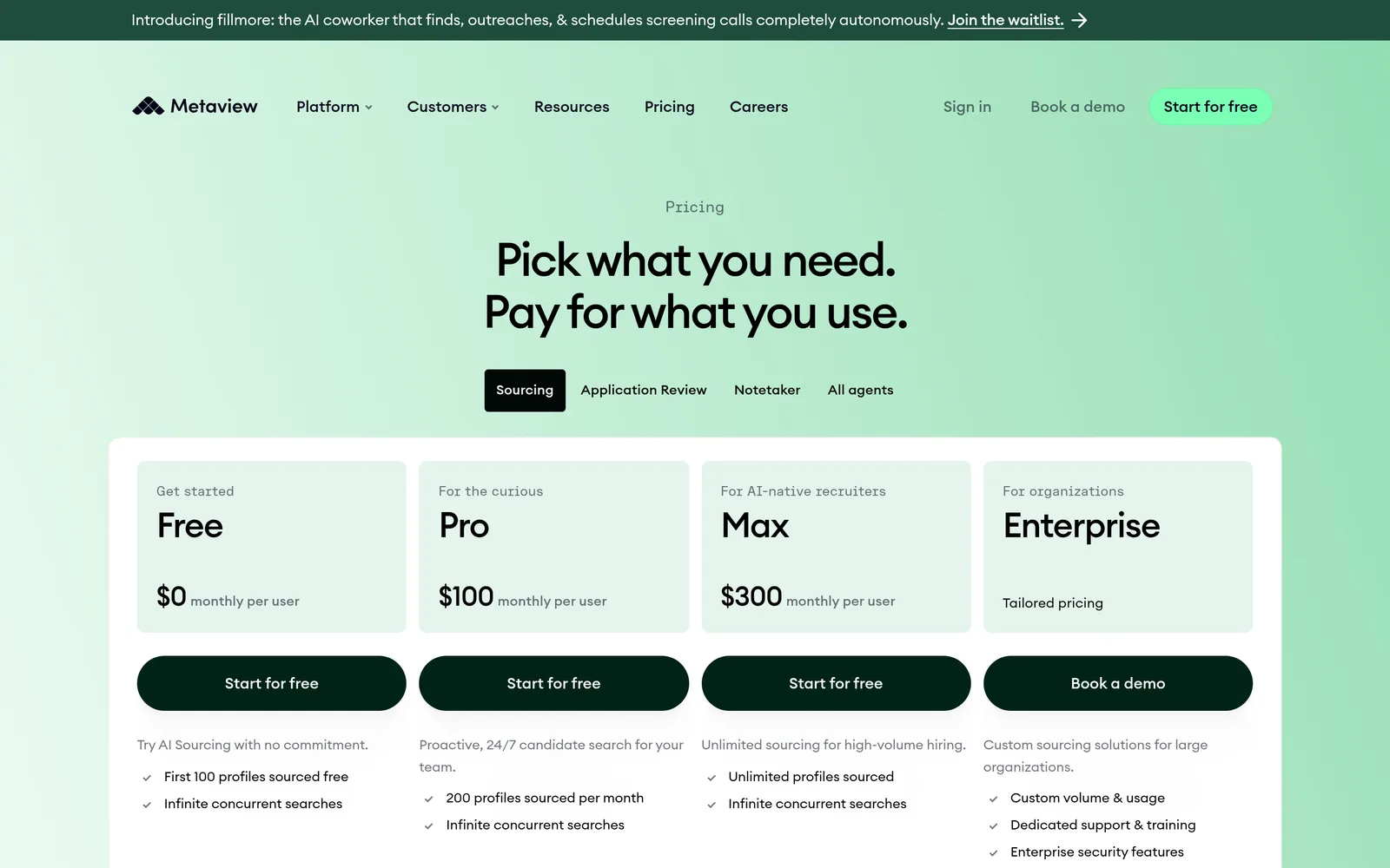 Metaview pricing page