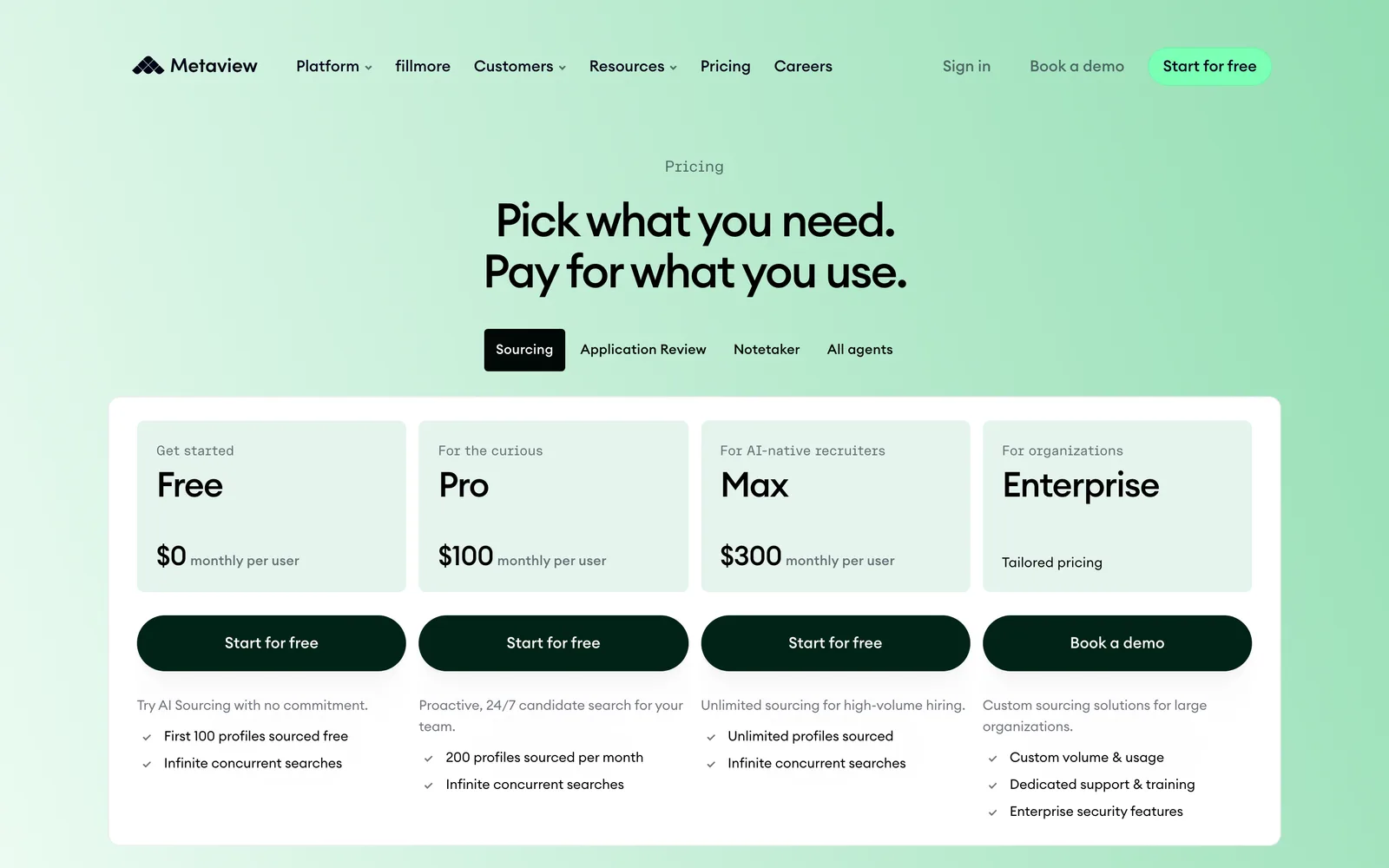 Metaview pricing page, captured 2026-09-29