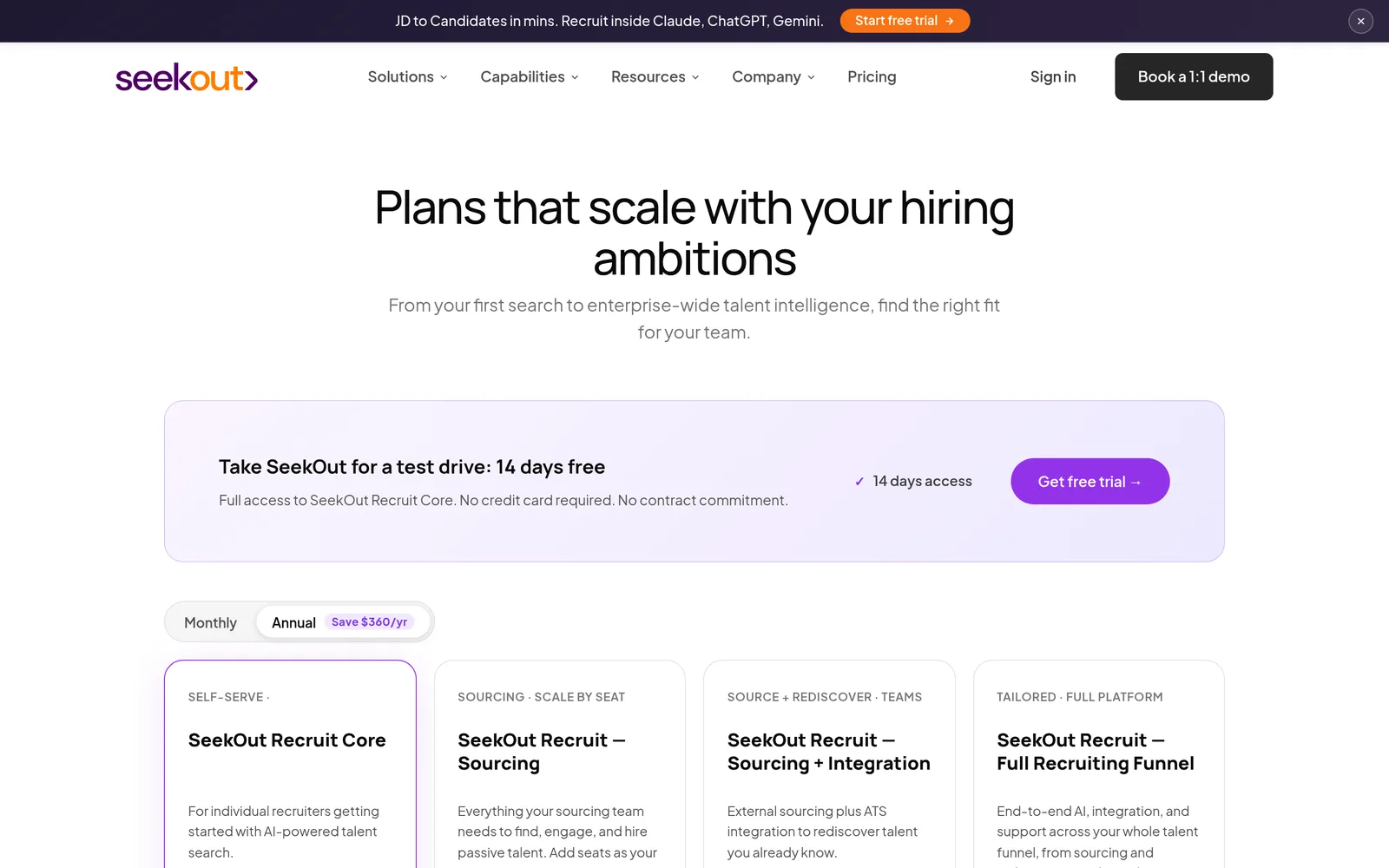 SeekOut pricing page
