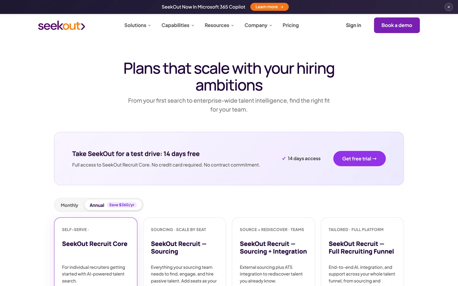 SeekOut pricing page, captured 2026-09-29