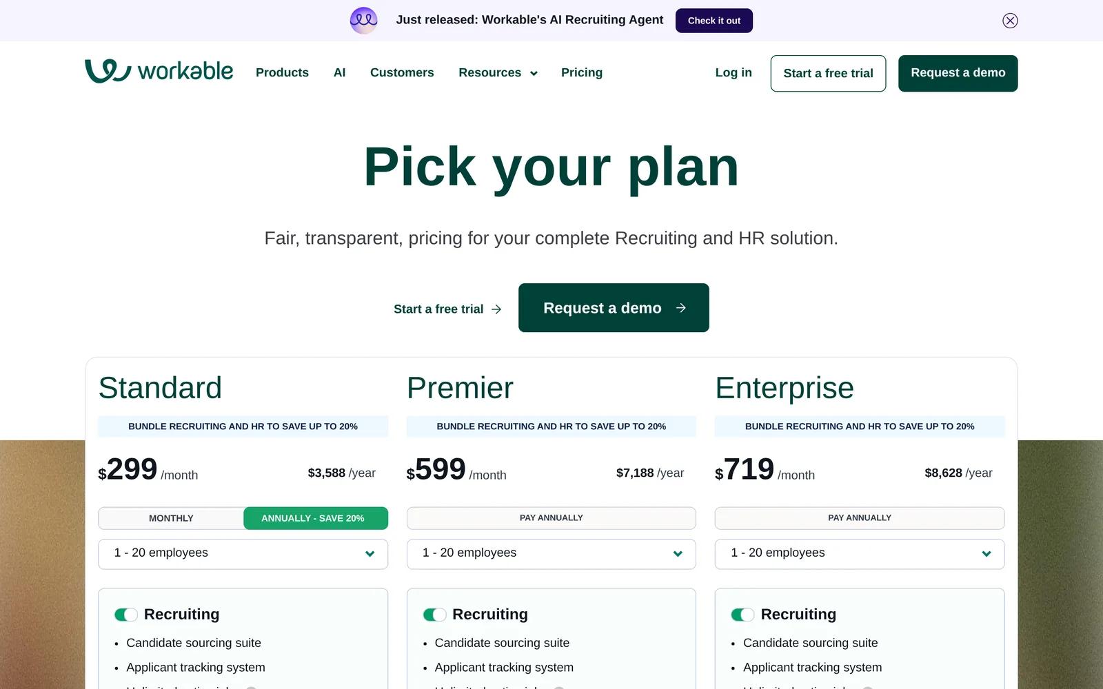 Workable pricing page