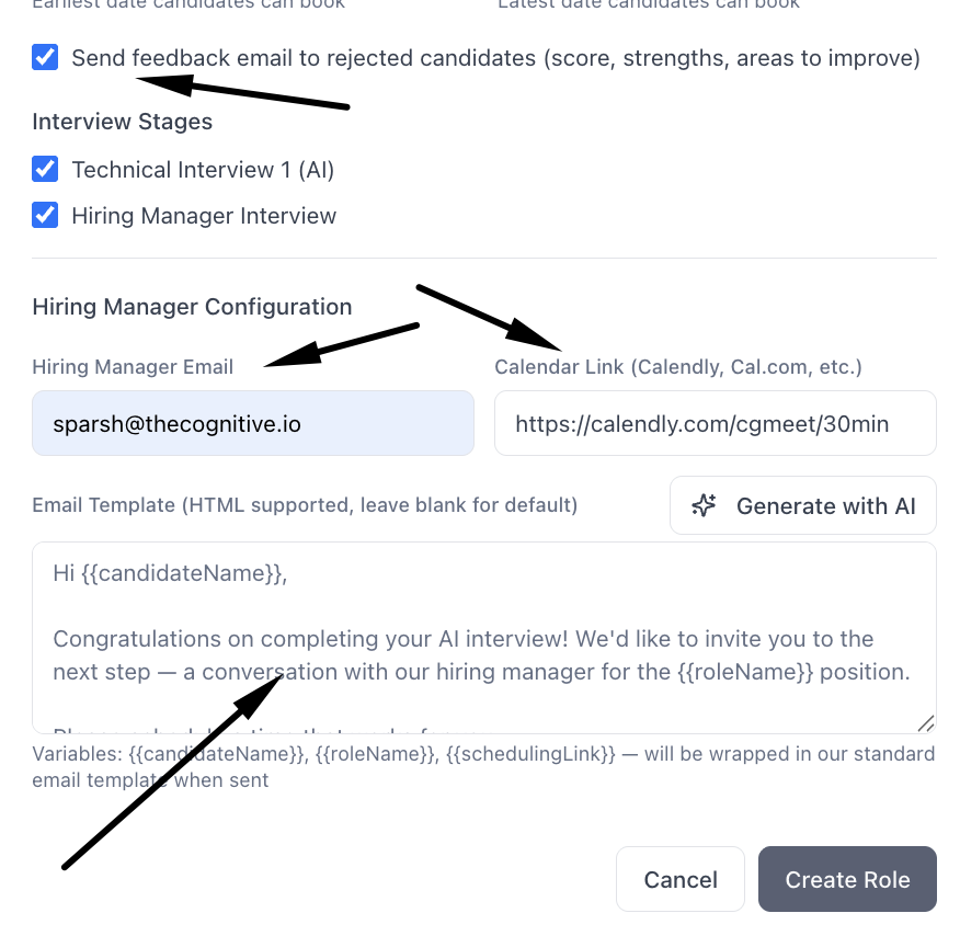 Role details in The Cognitive — interview slot windows, feedback emails, hiring manager handoff