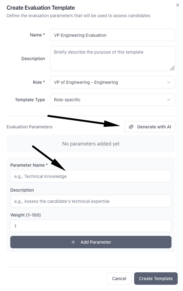 Creating an evaluation template in The Cognitive — the criteria every candidate is scored against