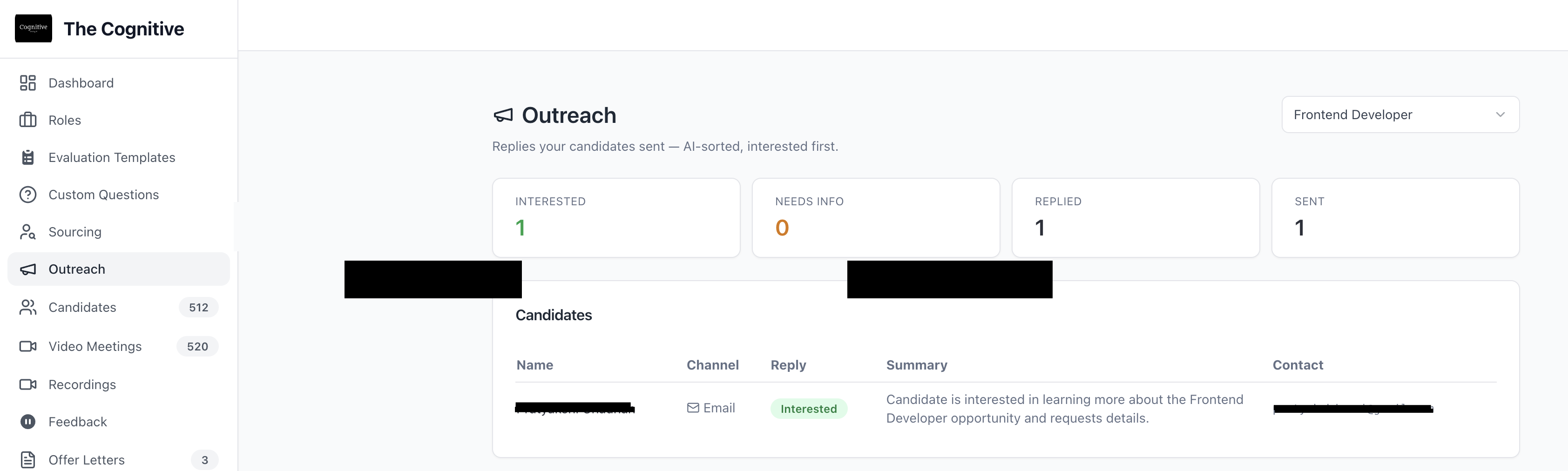 Outreach replies in The Cognitive, triaged by AI into interested, needs info, replied and sent