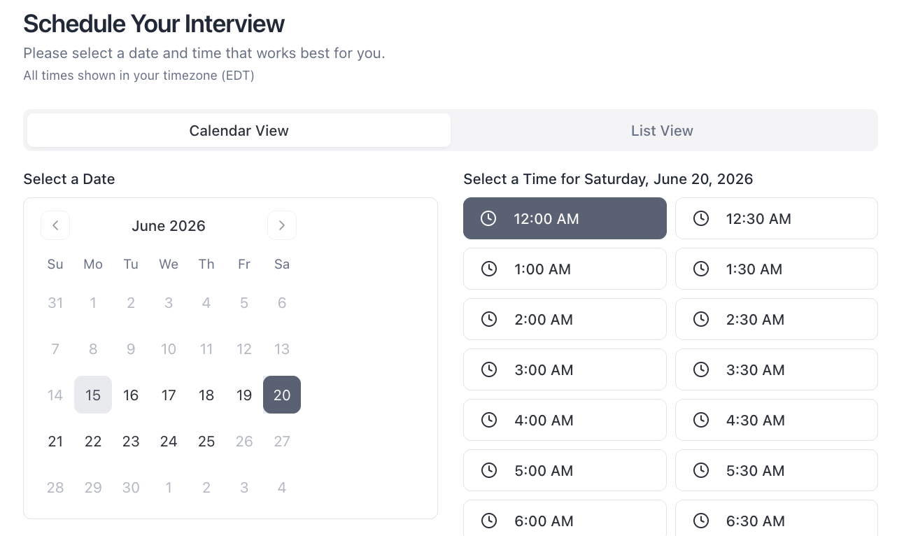 A candidate self-scheduling an AI interview inside the role's slot window