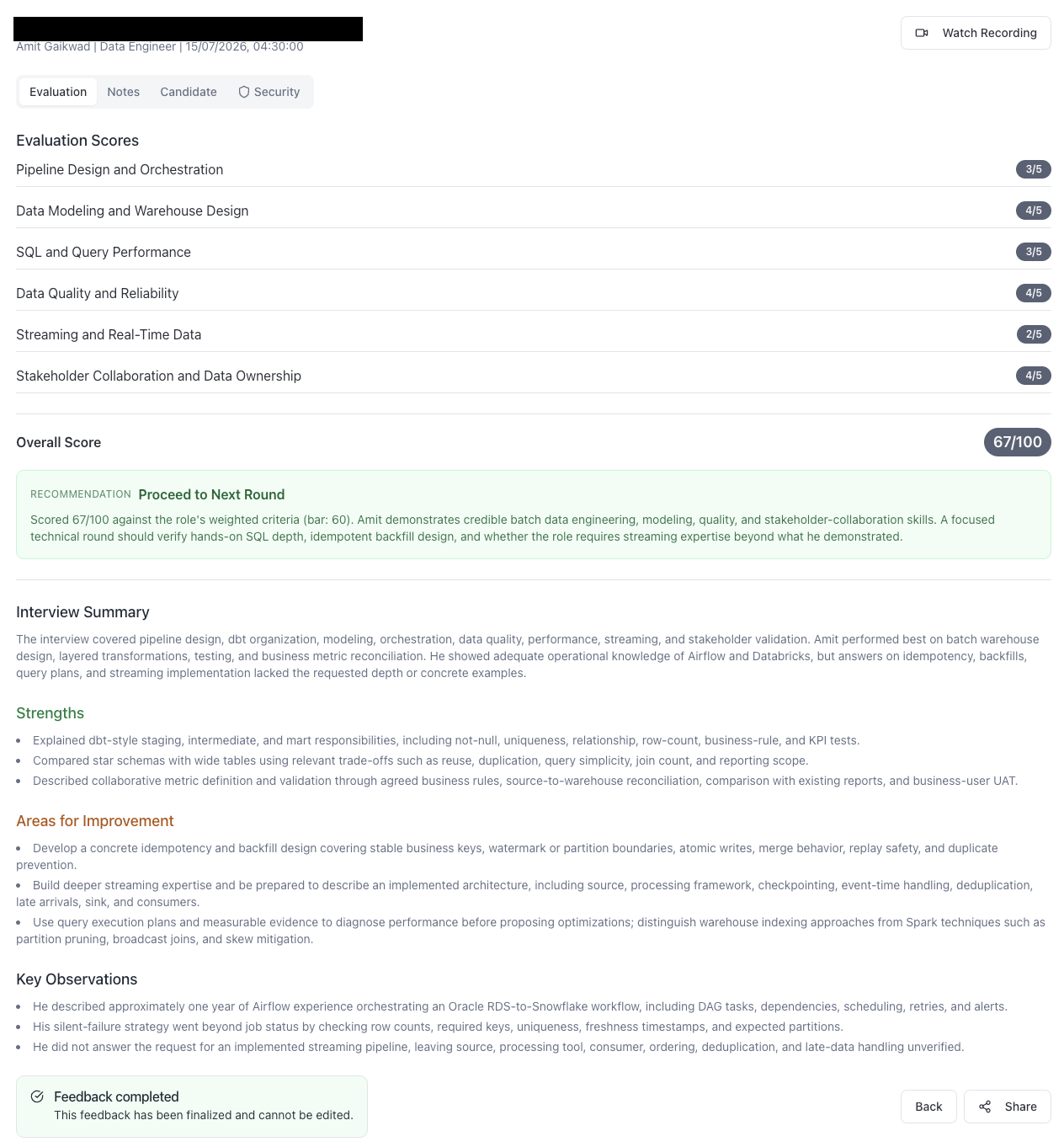 An AI interview scorecard in The Cognitive — overall score, recommendation and per-competency evidence