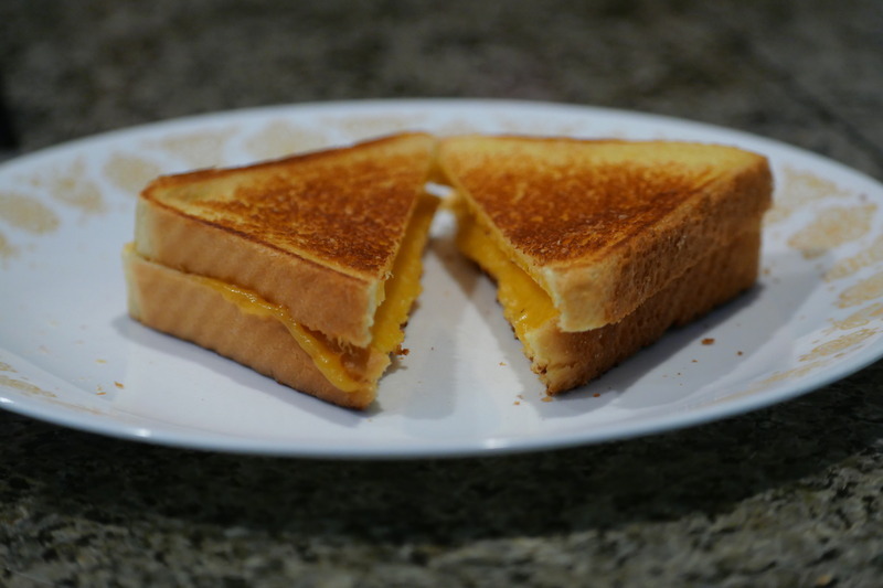 Picture of a grilled cheese sandwich arranged on a plate.