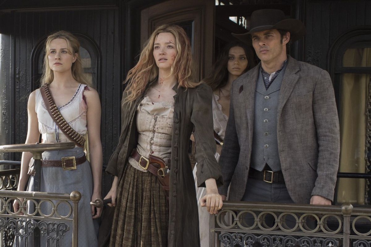Evan Rachel Wood, Talulah Riley, Angela Sarafyan and James Marsden in Westworld