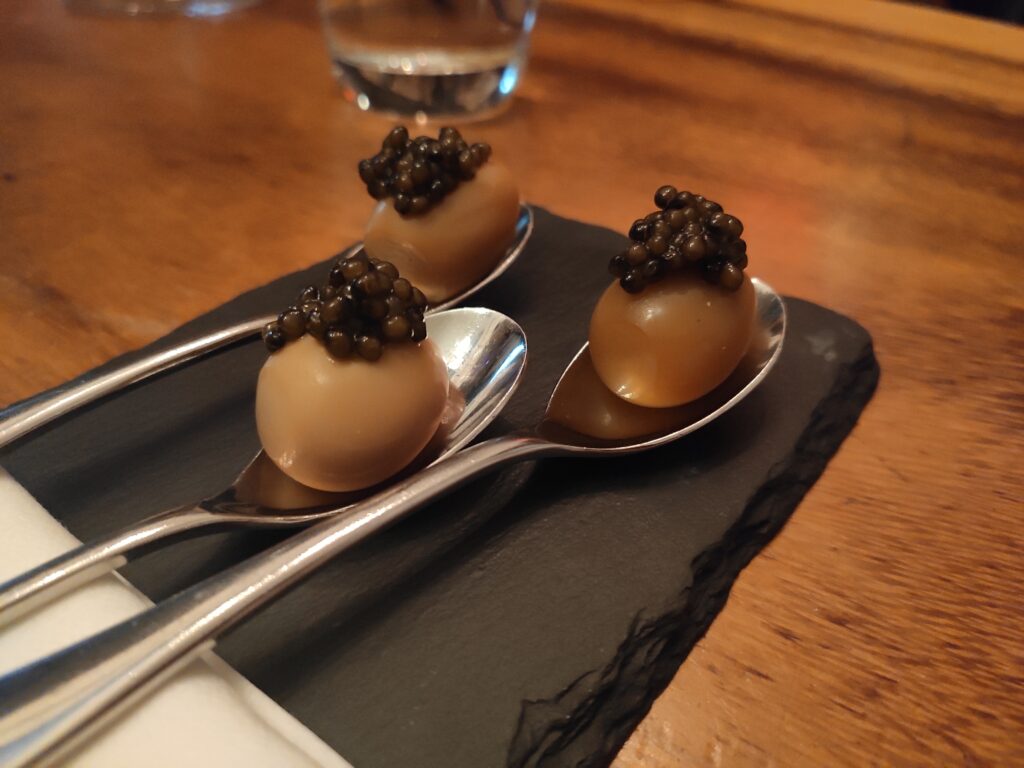 Burnt Ends: Smoked Quail Egg and Caviar