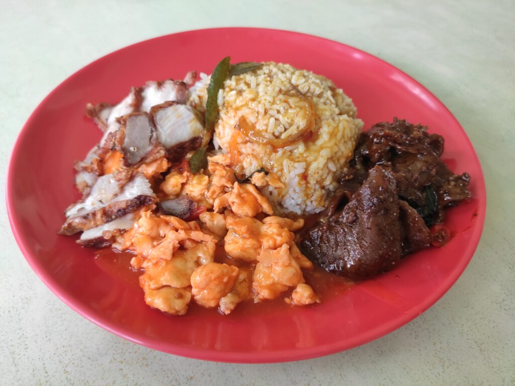 Jin Sheng Mixed Veg Rice Porridge: Pork Slices, Tomato Egg, Beef Slices, Curry Rice