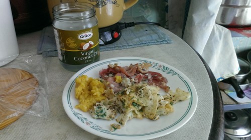 What more typical a breakfast than eggs and bacon?