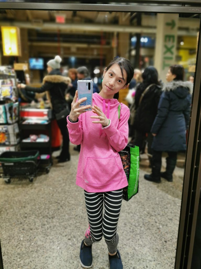 selfie happy bright pink hoodie sweater
