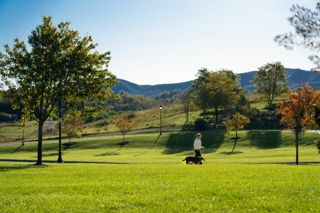 Senior woman walking dog in the park