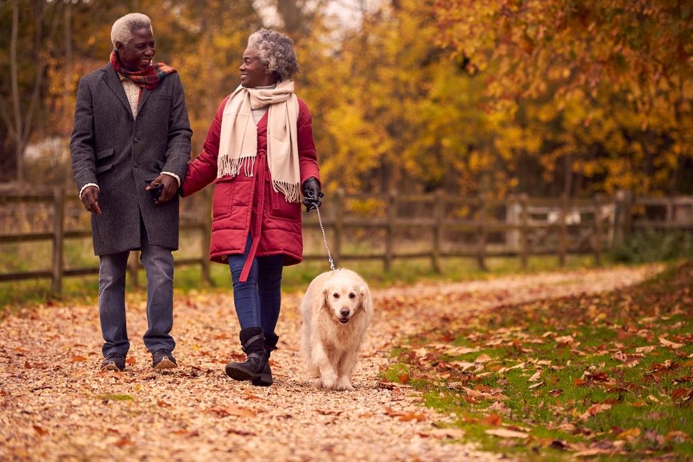 A senior man and a senior woman walk their dog