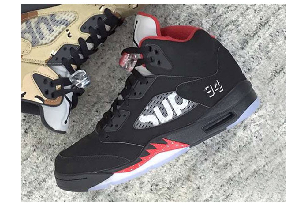 supreme x Air Jordan 5, Supreme, air jordan, supreme air jordan collab, supreme x air jordan 5 bred