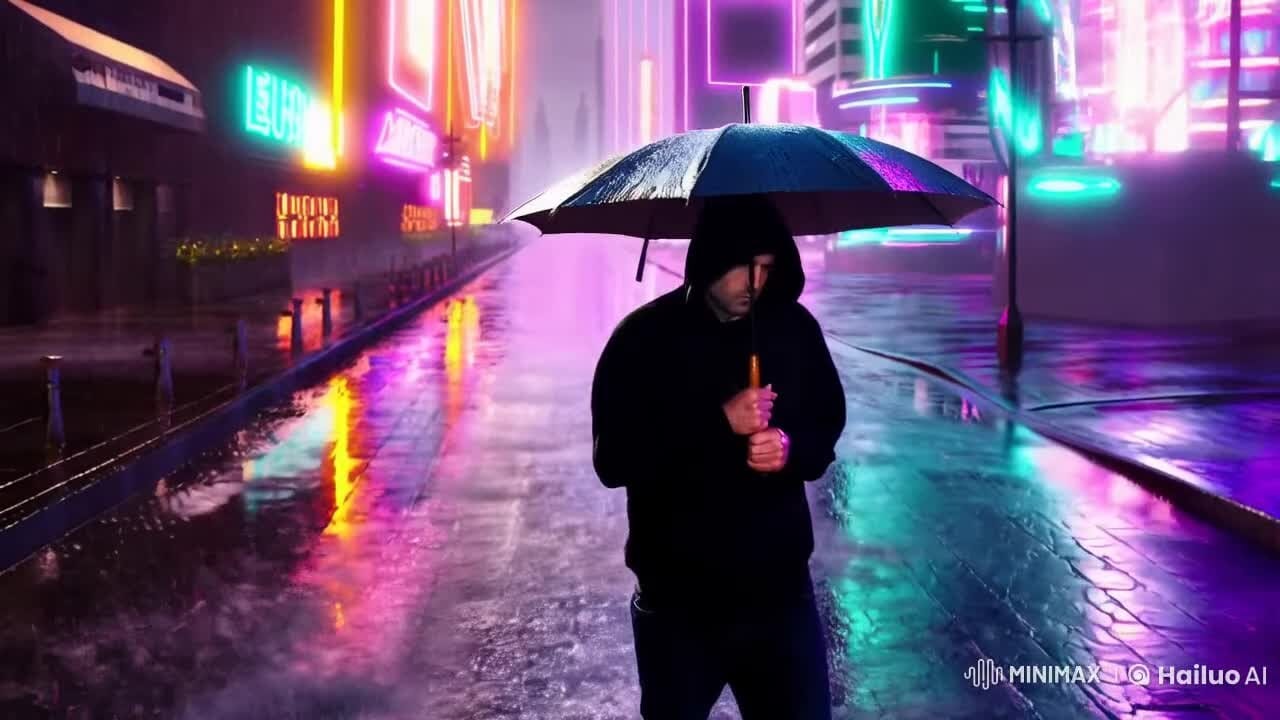 A hooded figure with an umbrella walks a rain-soaked neon street in a video generated by MiniMax's Hailuo AI model, its watermark in the corner