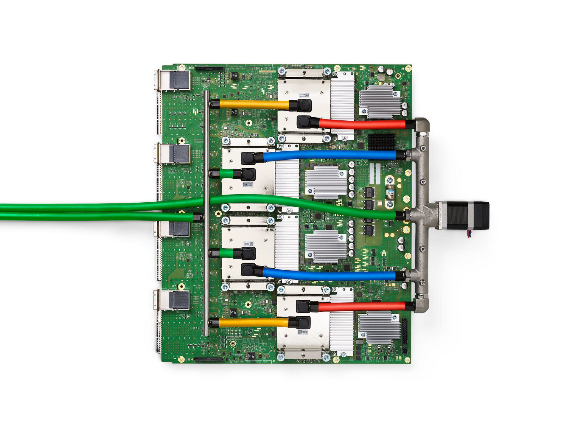 A Google TPU v4 printed circuit board carrying four liquid-cooled TPU packages