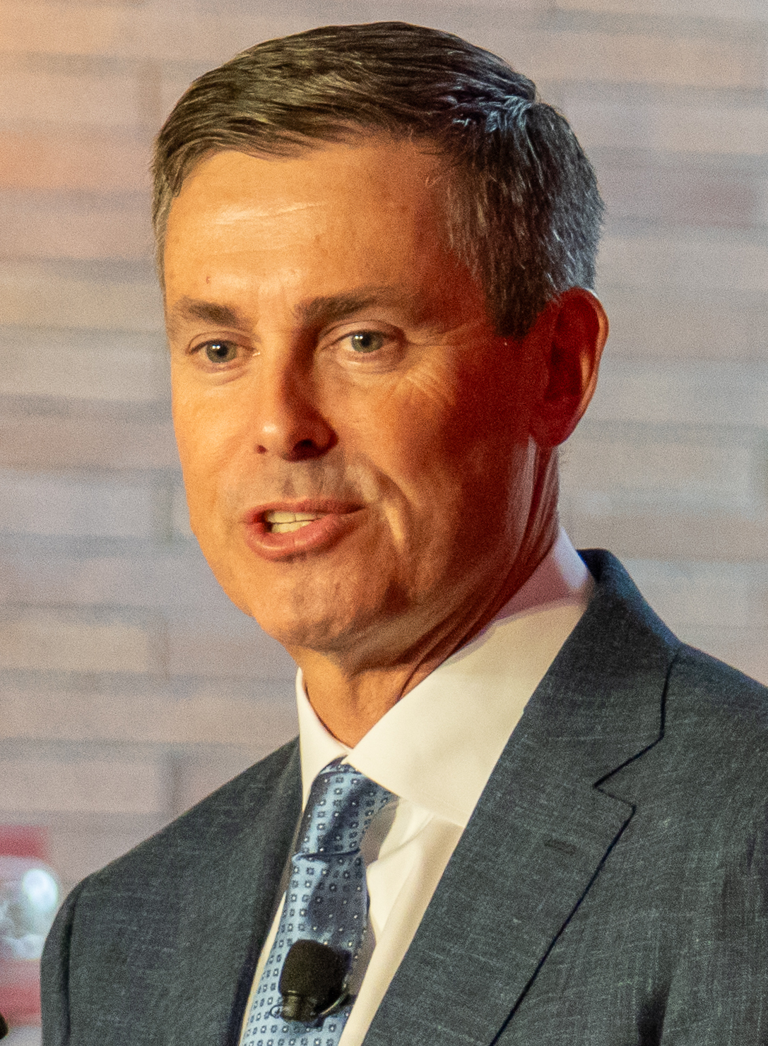 Dave Ricks, chief executive of Eli Lilly, speaking at an event in a dark suit and blue patterned tie