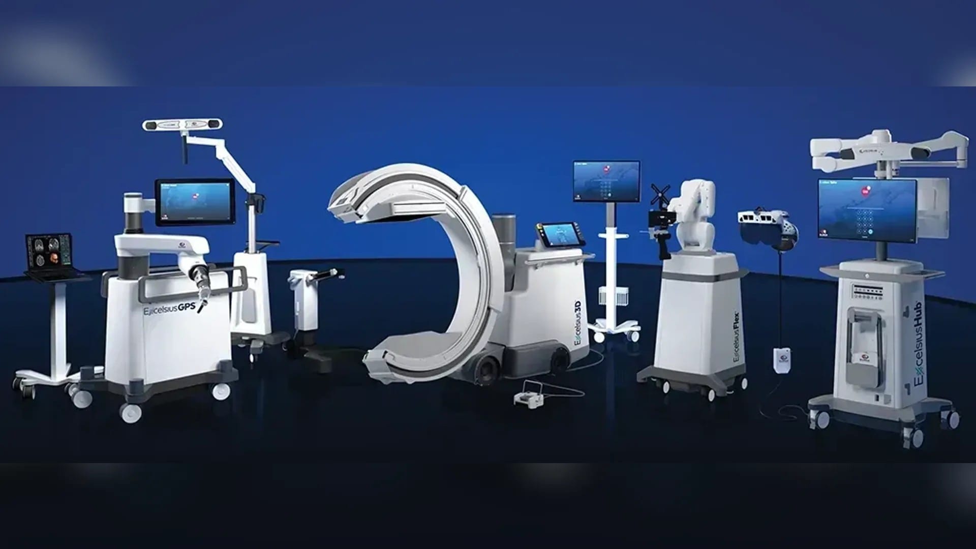 Globus Medical's Excelsius surgical ecosystem: the ExcelsiusGPS robot at left, with Excelsius3D imaging, Excelsius Flex and the ExcelsiusHub navigation tower at right