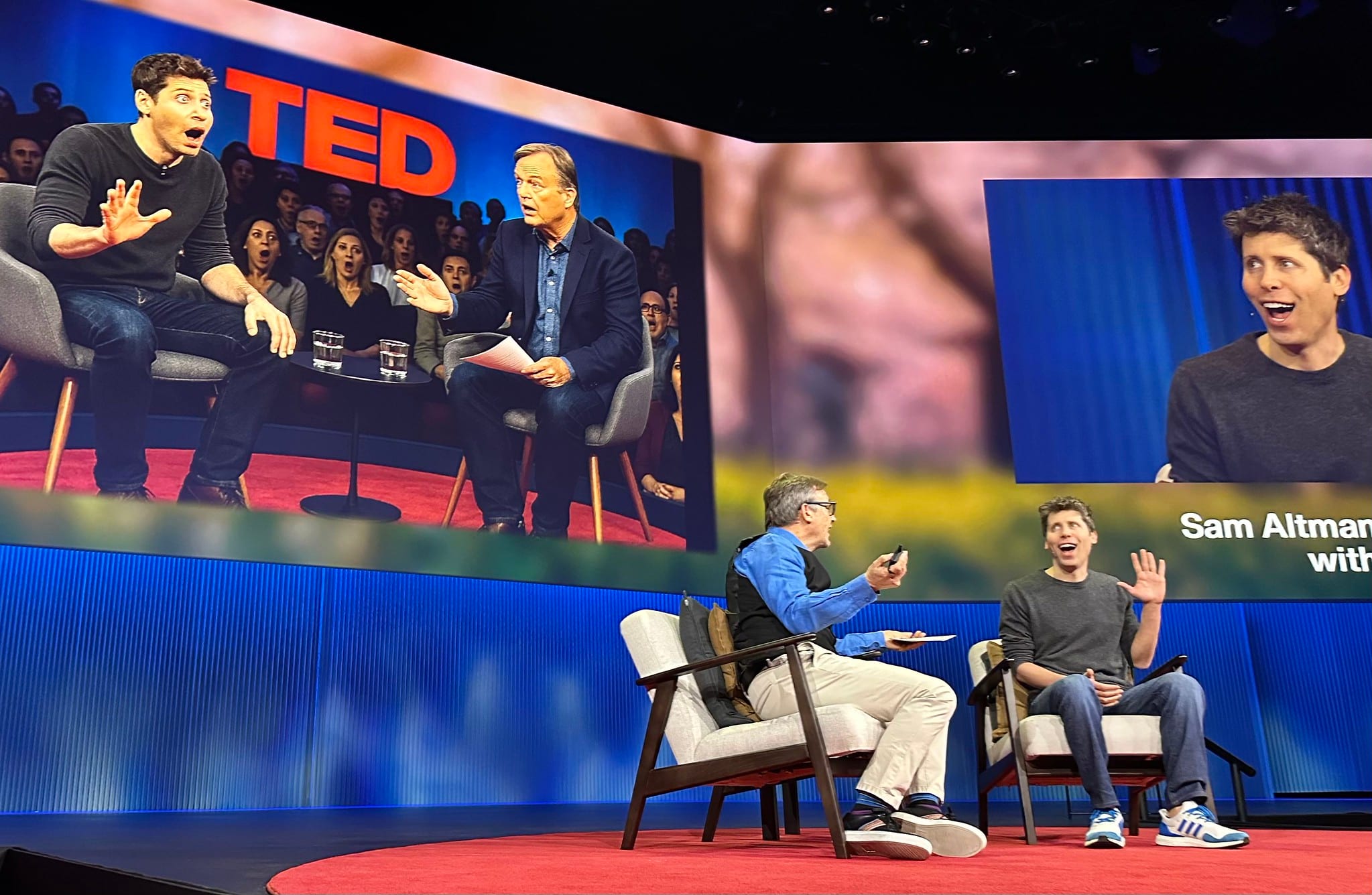 Sam Altman on stage in conversation at TED