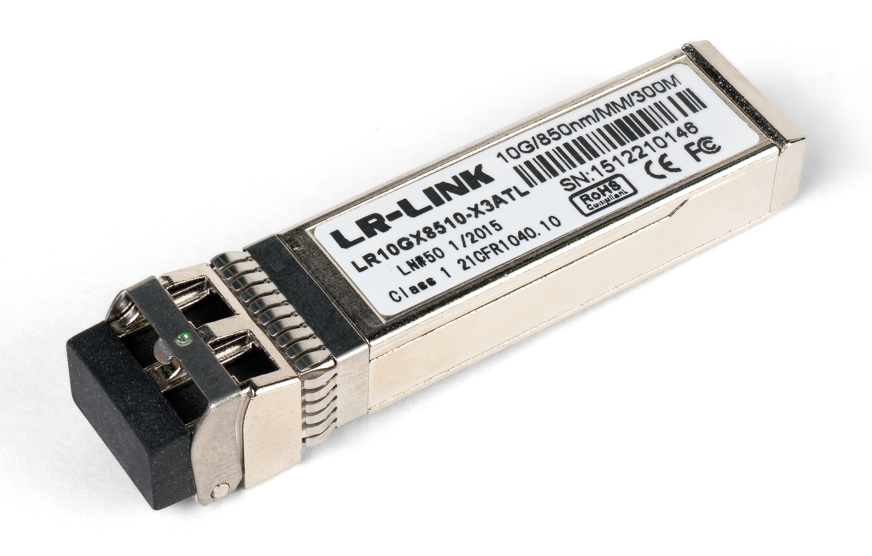 A 10-gigabit SFP+ optical transceiver module, the pluggable component that converts between electrical signals and light on fiber-optic network links.
