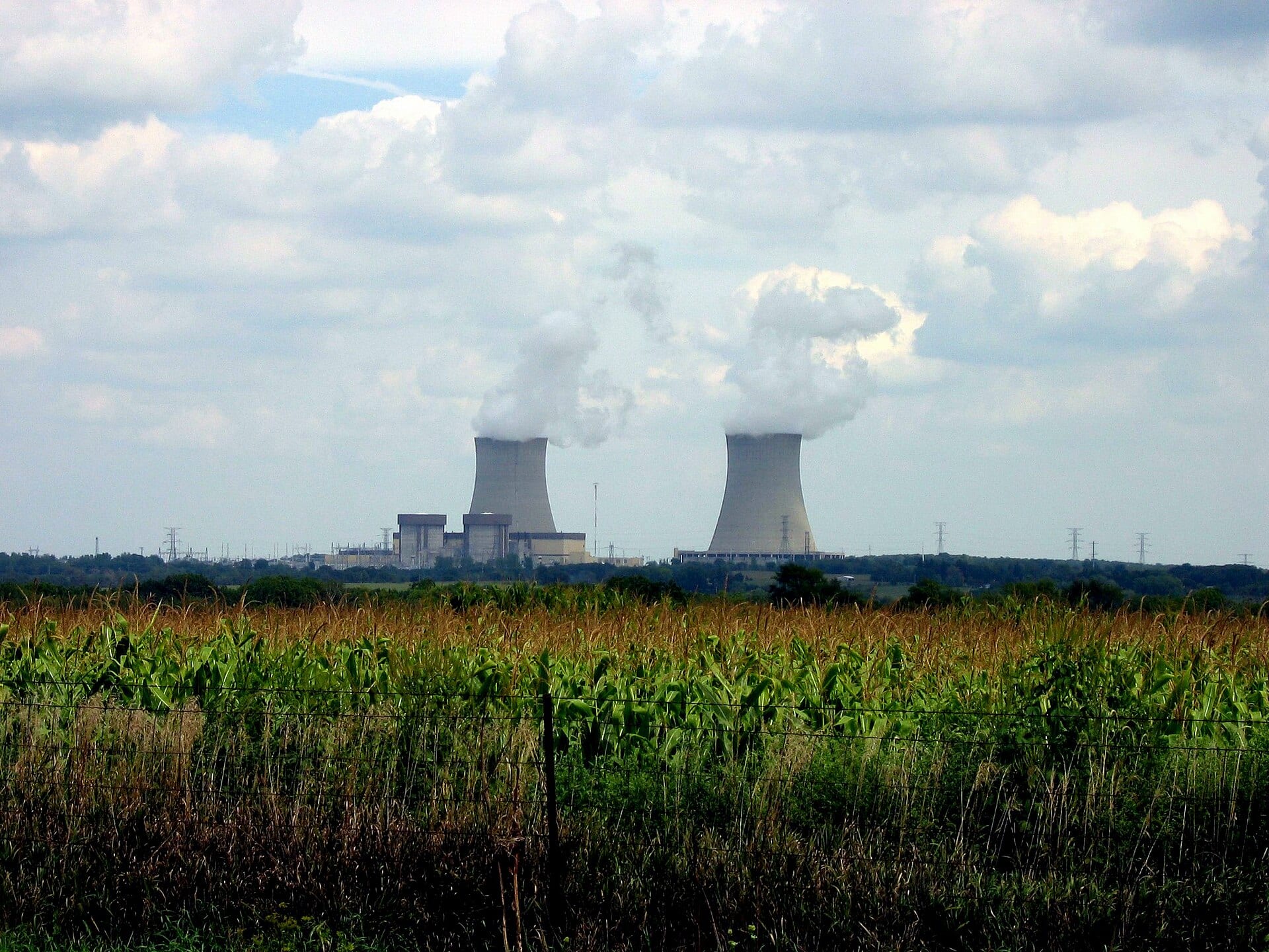 The Byron Nuclear Generating Station in Ogle County, Illinois, its two cooling towers over a cornfield
