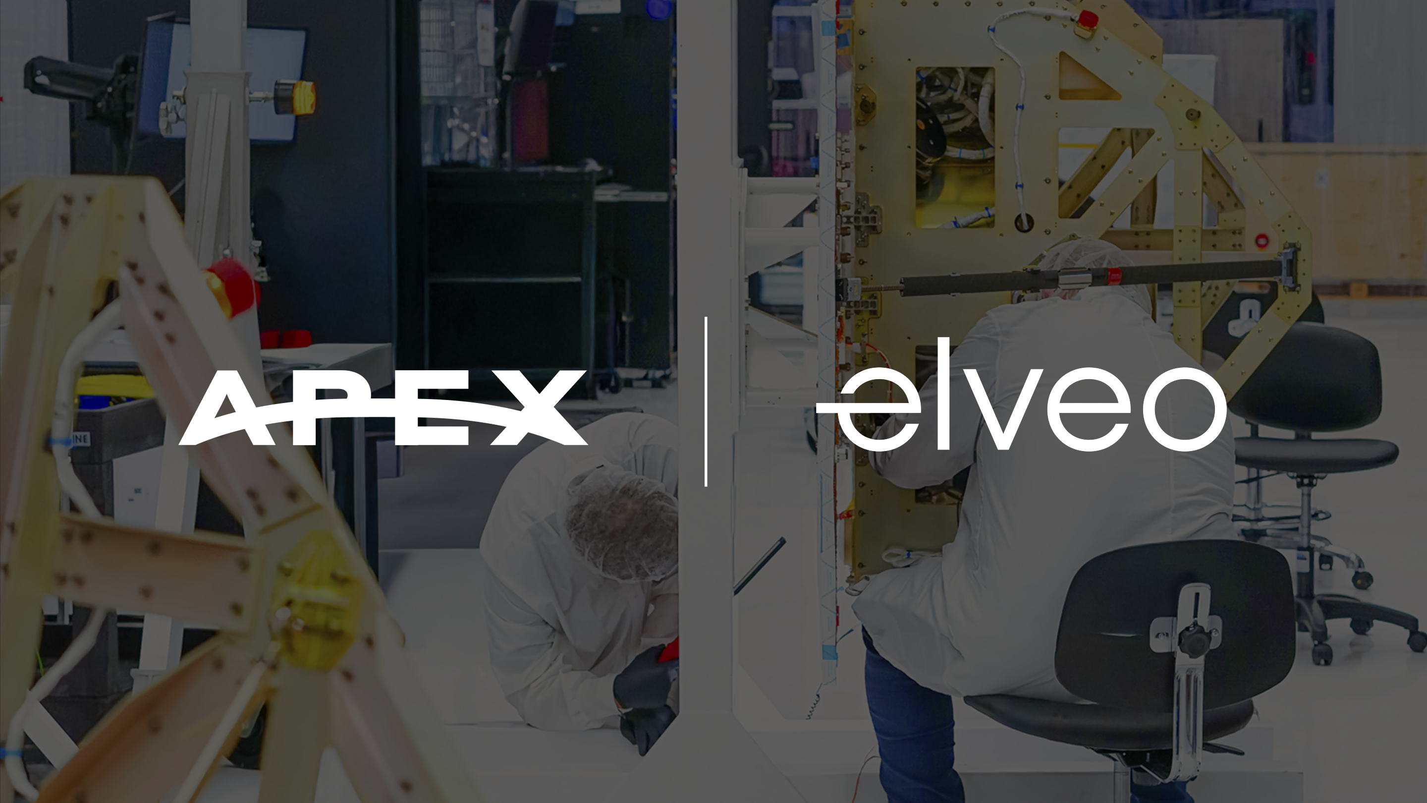 Apex and Elveo logos over a cleanroom view of spacecraft platforms in production