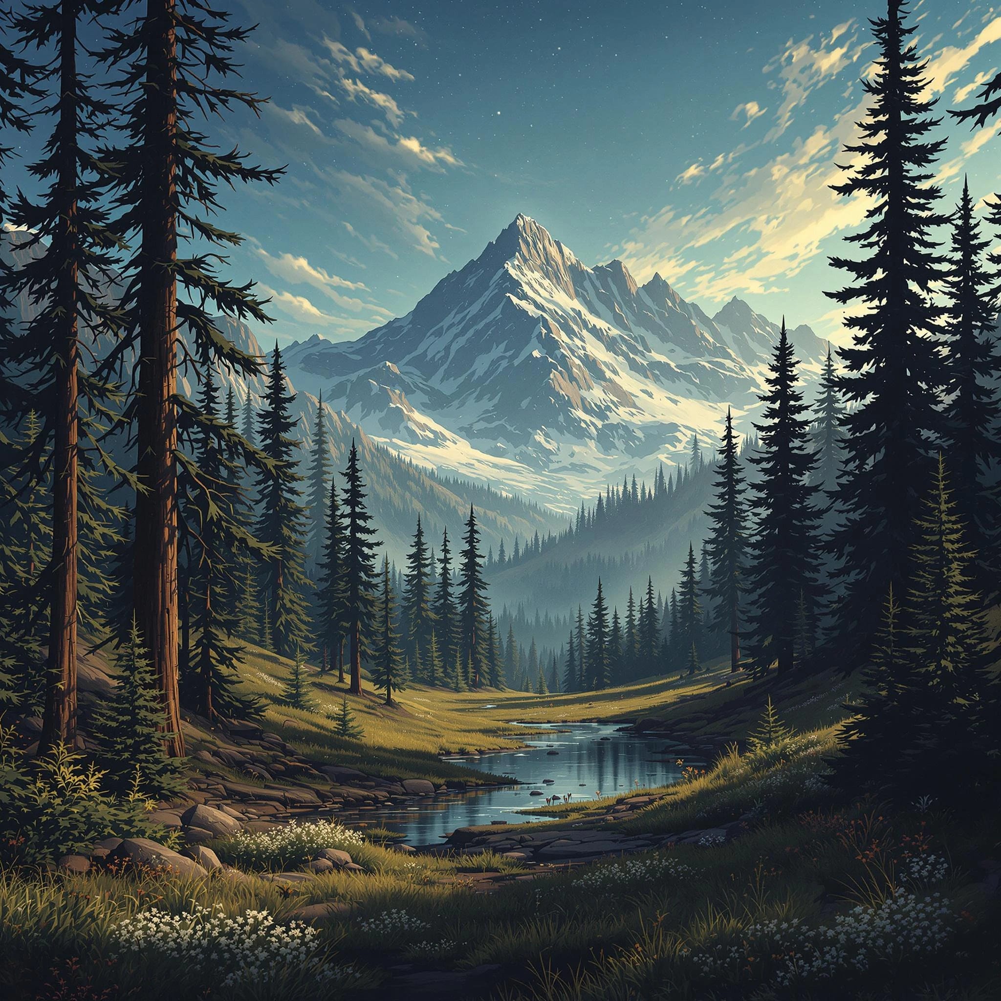 A mountain landscape with pine forest and a river, generated by Black Forest Labs' FLUX 1.1 Pro Ultra image model