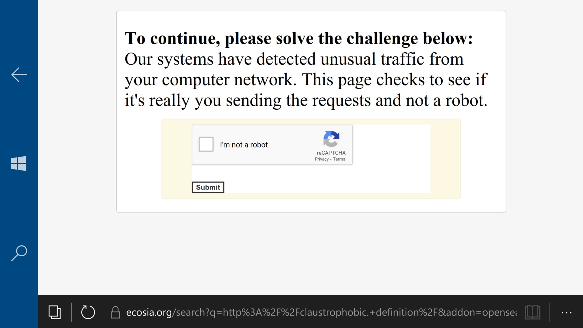 A browser screen stating that unusual traffic was detected from the user's network, above a reCAPTCHA box with an empty I'm not a robot checkbox