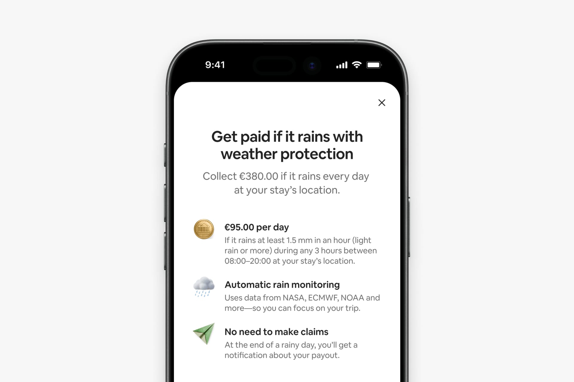 Airbnb's weather protection offer on a phone screen: get paid if it rains, with automatic rain monitoring and no claim to file
