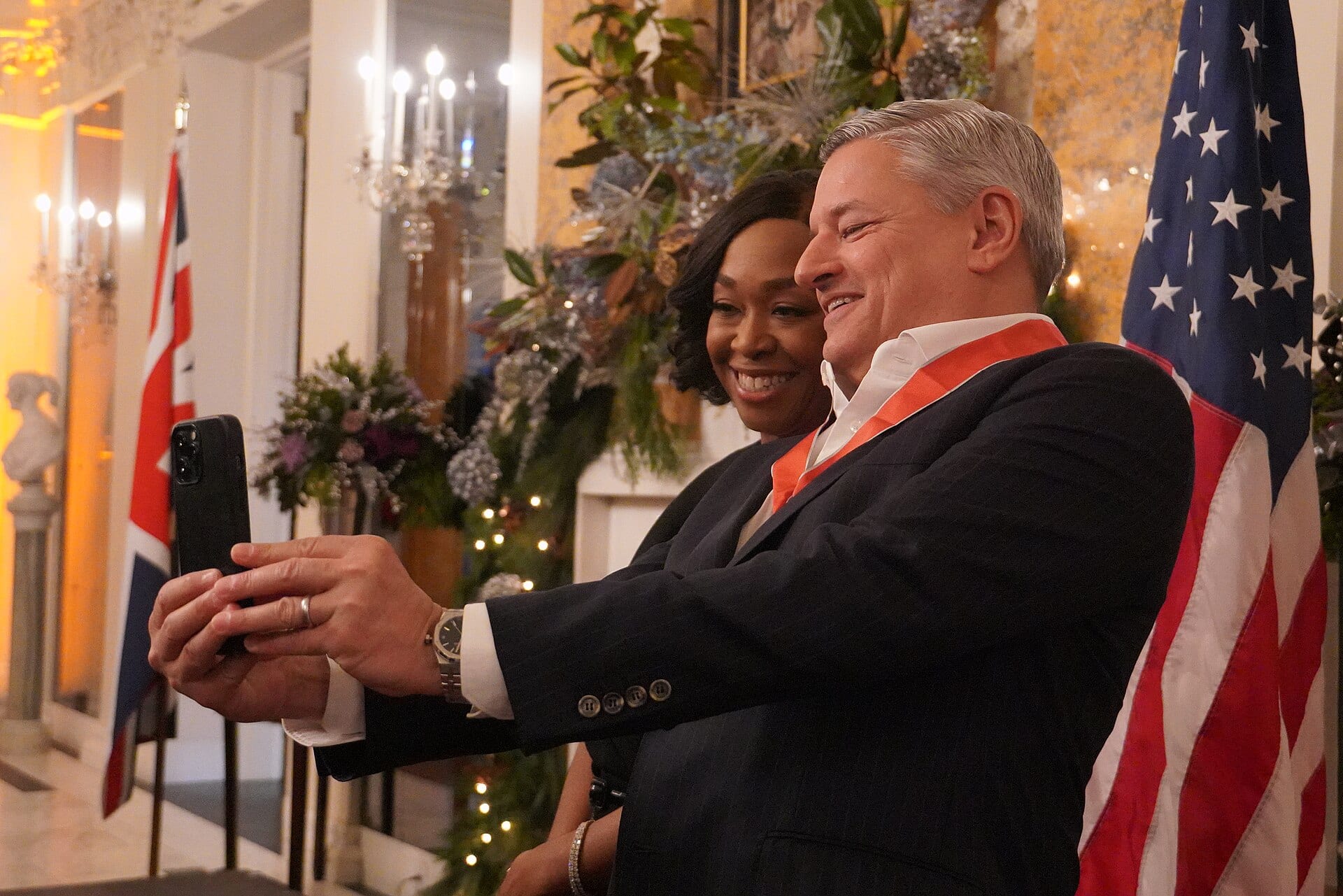 Ted Sarandos in profile, wearing his honorary CBE, at an investiture ceremony at the British Embassy in Washington, D.C.