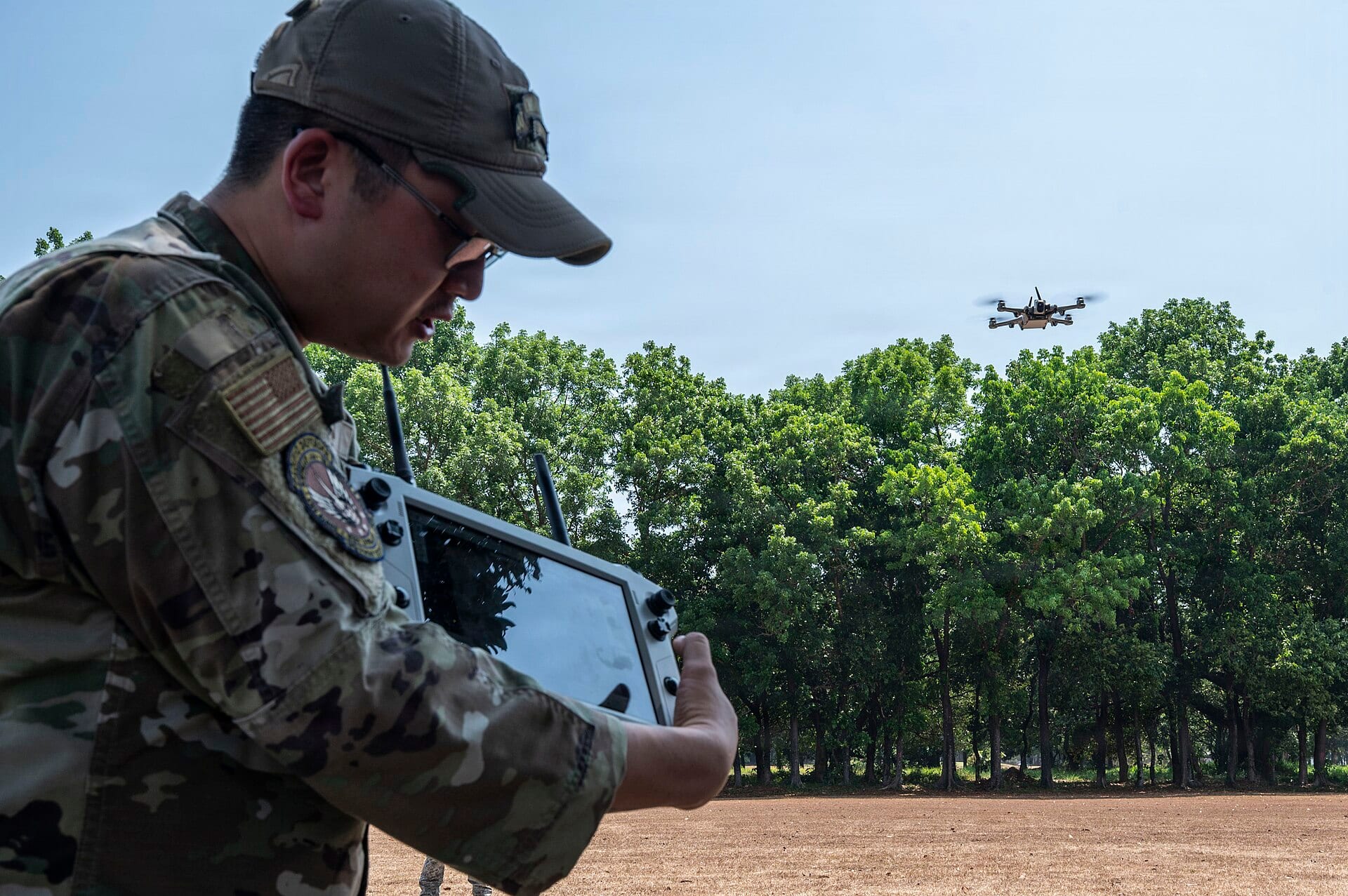 A US Air Force airman flies a Teal 2 quadcopter drone, made by Red Cat's Teal subsidiary, during counter-drone training with Philippine Air Force personnel