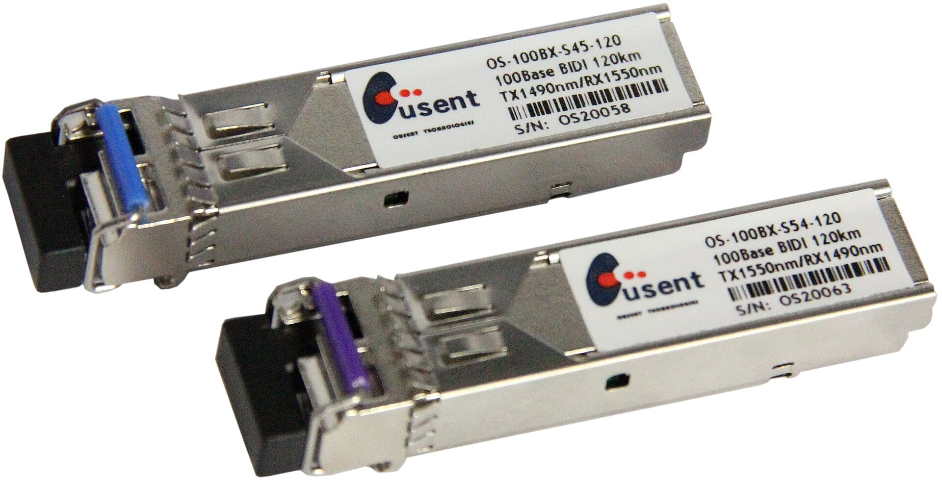 Two SFP optical transceiver modules, the kind of data-center part Zhongji Innolight makes, on a white background
