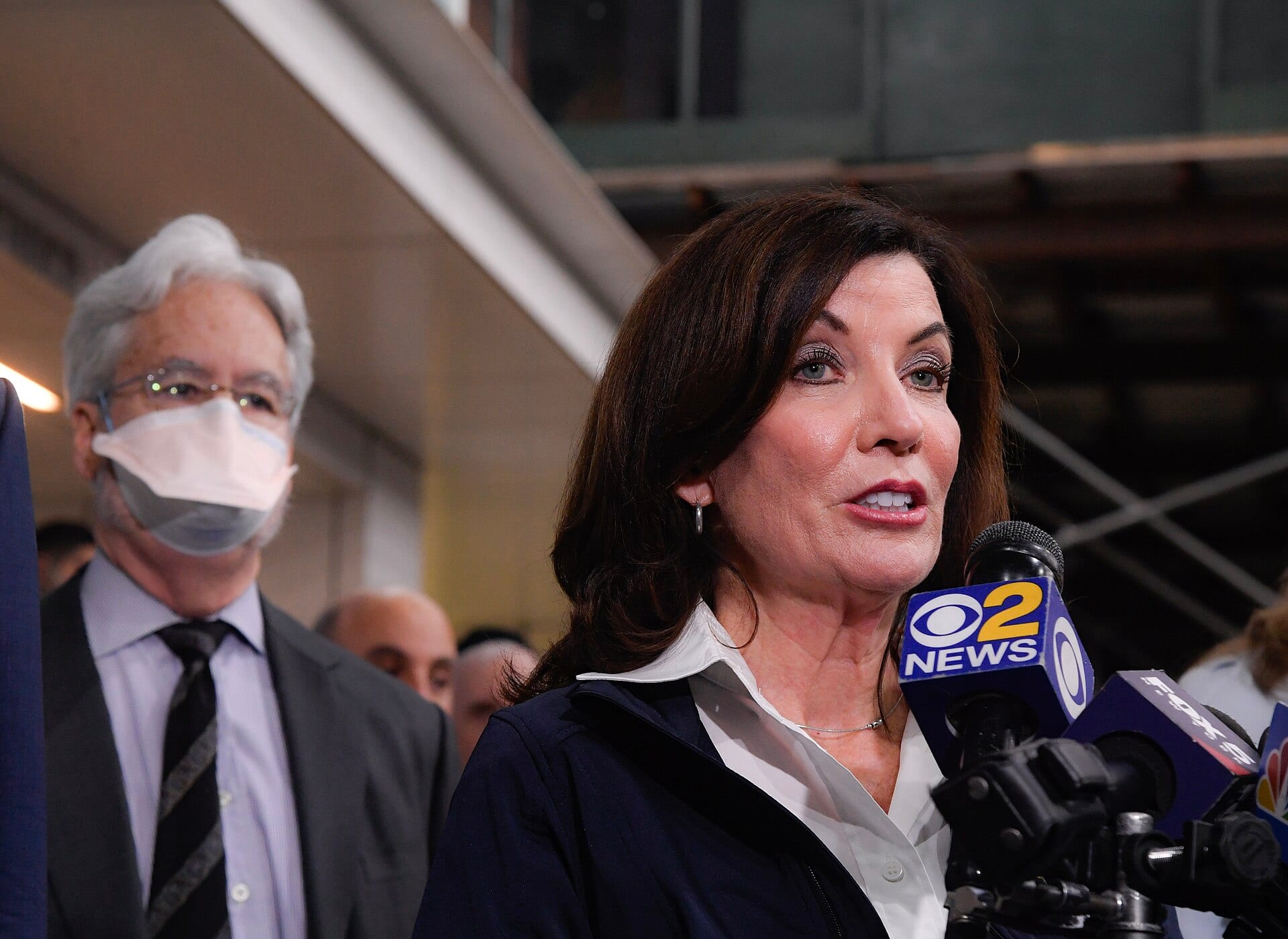 New York Governor Kathy Hochul speaks to reporters at a press event
