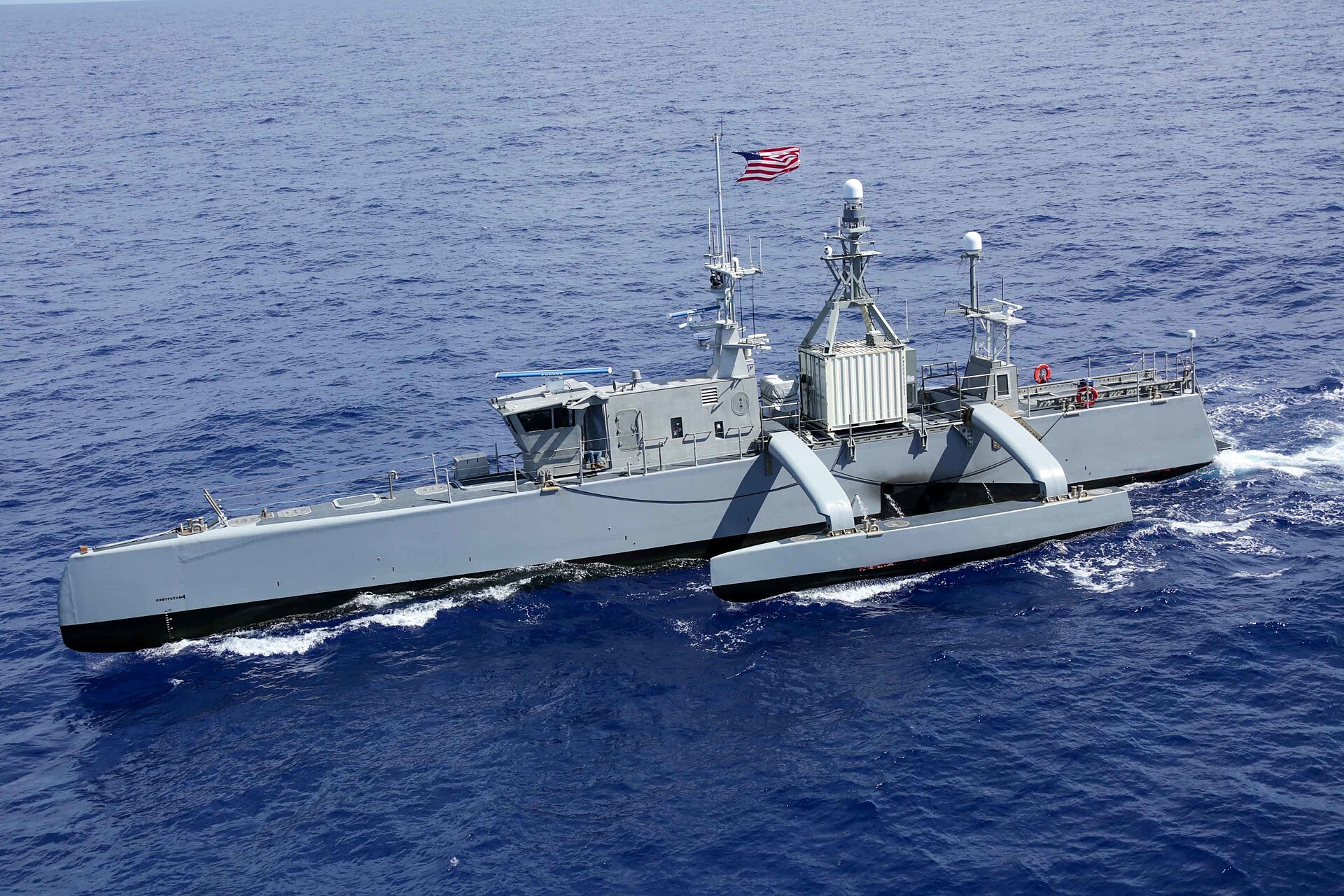 The uncrewed trimaran Sea Hunter under way in the Pacific Ocean during the Rim of the Pacific exercise