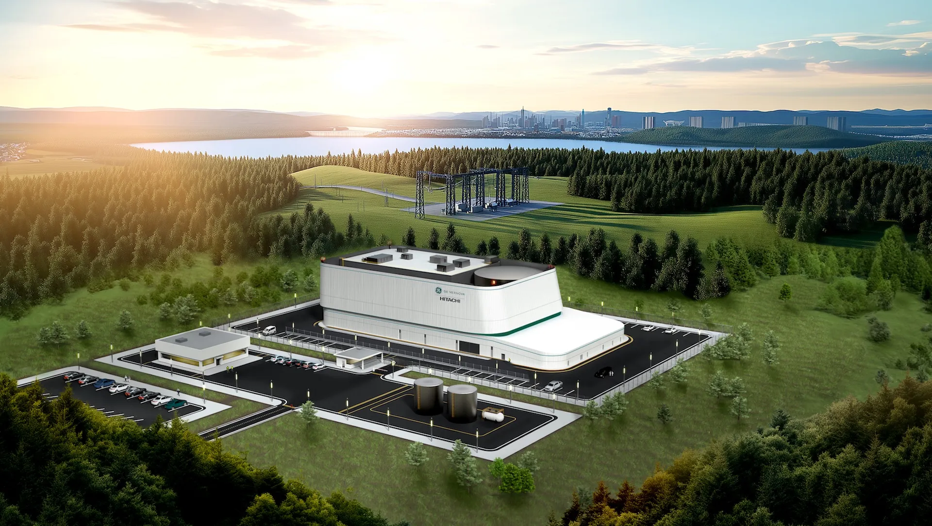 Rendering of a GE Vernova Hitachi BWRX-300 small modular reactor plant beside a lake