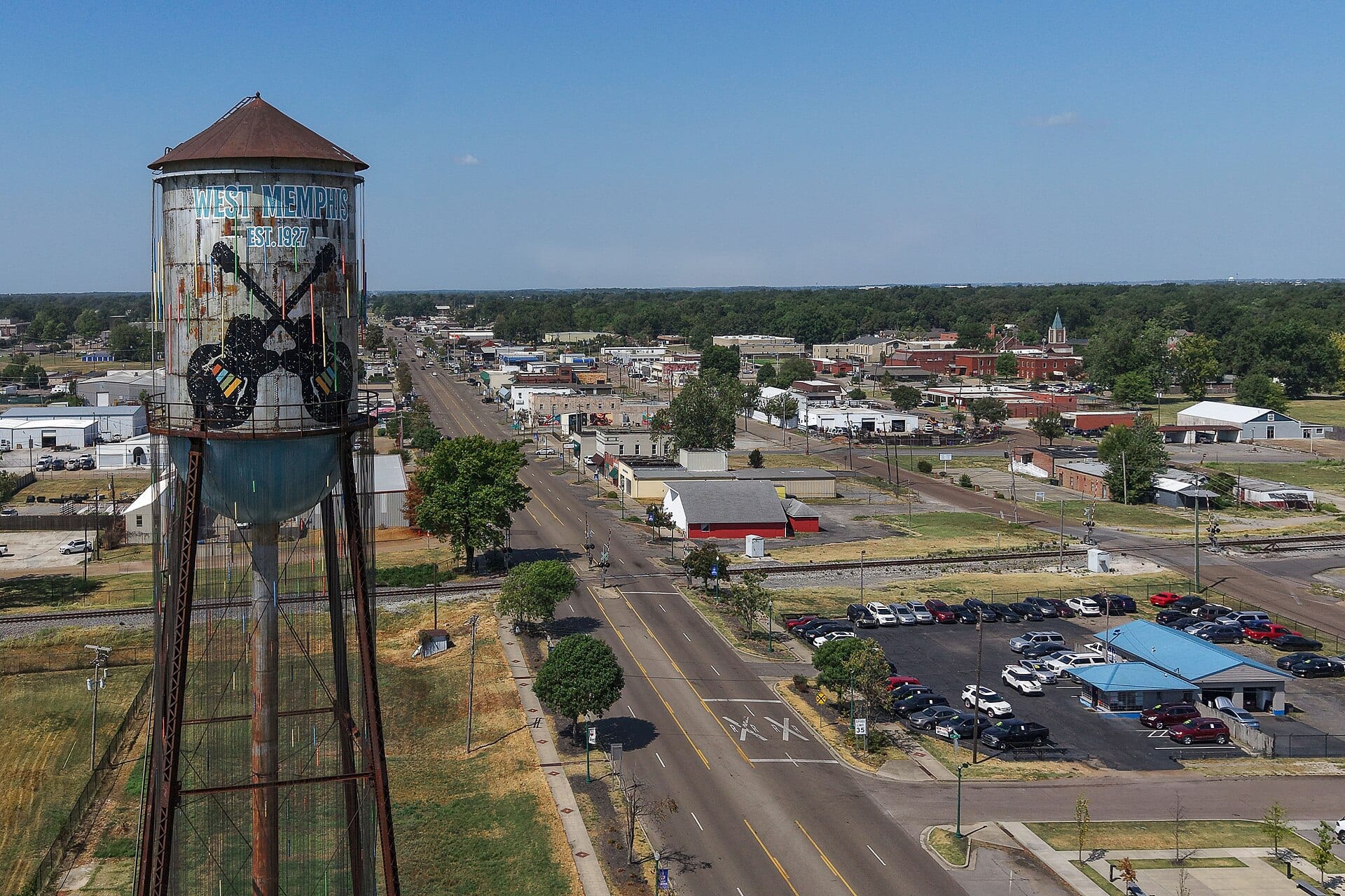 Aerial view of downtown West Memphis, Arkansas, in September 2026