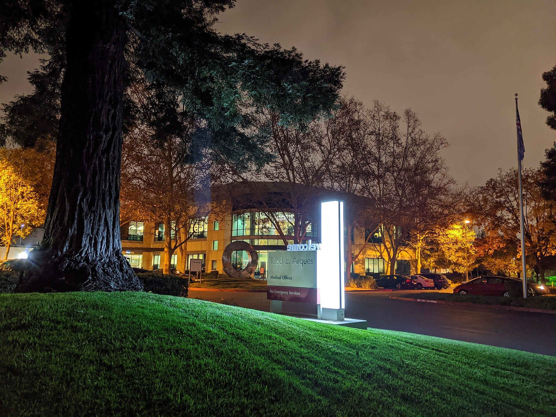 Kaiser Permanente medical offices at night in Sunnyvale, California