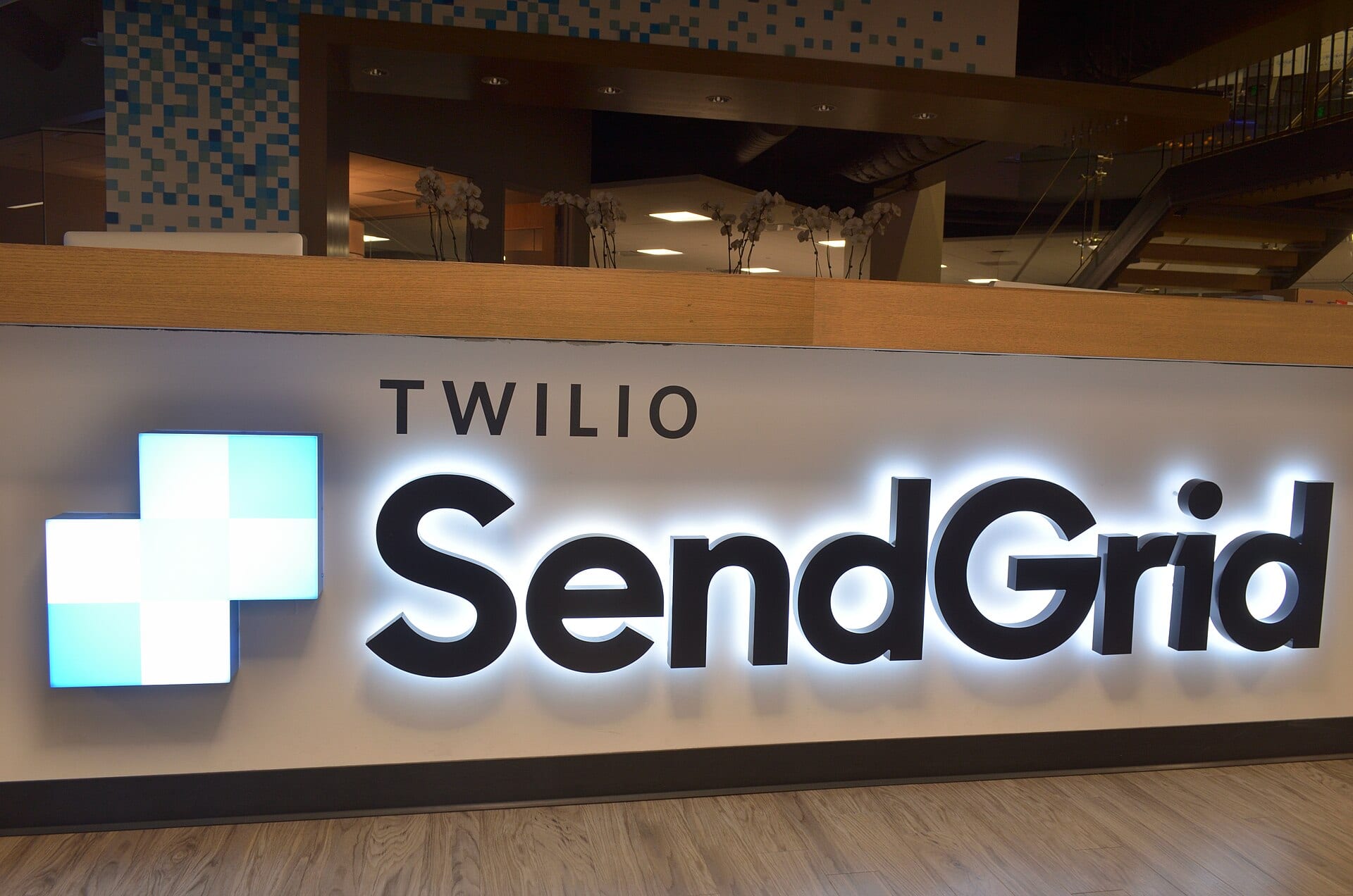 Twilio SendGrid reception sign at the company's Denver office