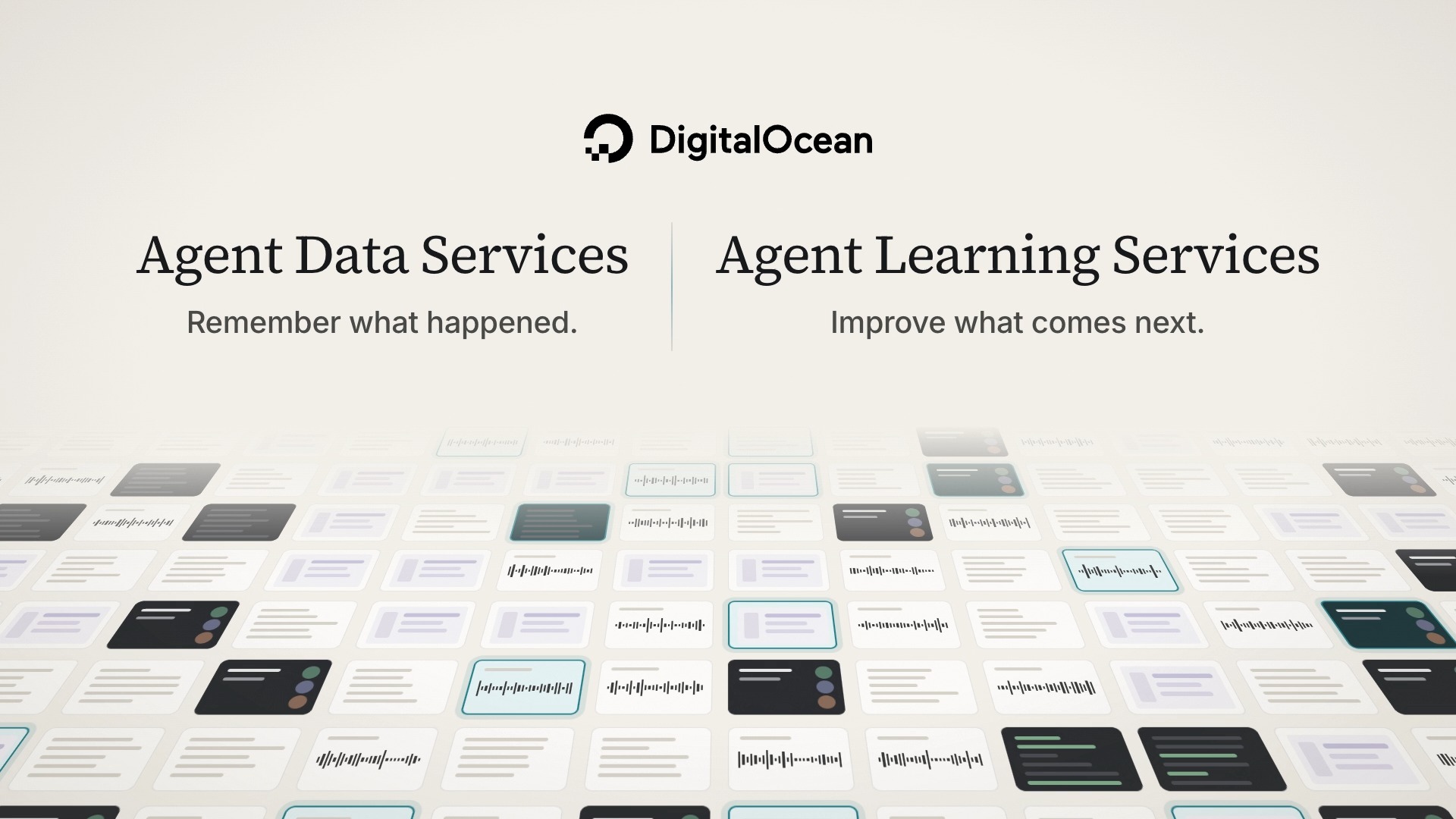 Slide introducing DigitalOcean Agent Data Services and Agent Learning Services