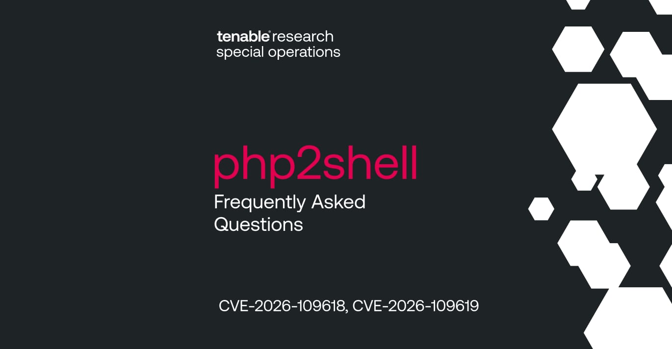 Tenable Research Special Operations blog header for the php2shell FAQ covering CVE-2026-109618 and CVE-2026-109619