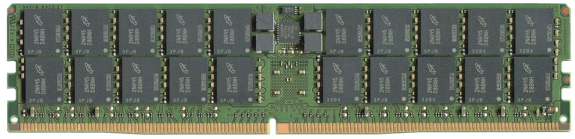 A Micron DDR5 server memory module, a registered DIMM with ECC, photographed top down