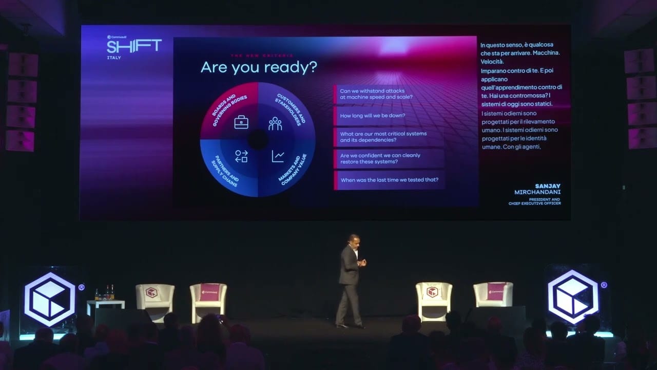 Commvault CEO Sanjay Mirchandani on stage at Commvault SHIFT in Rome