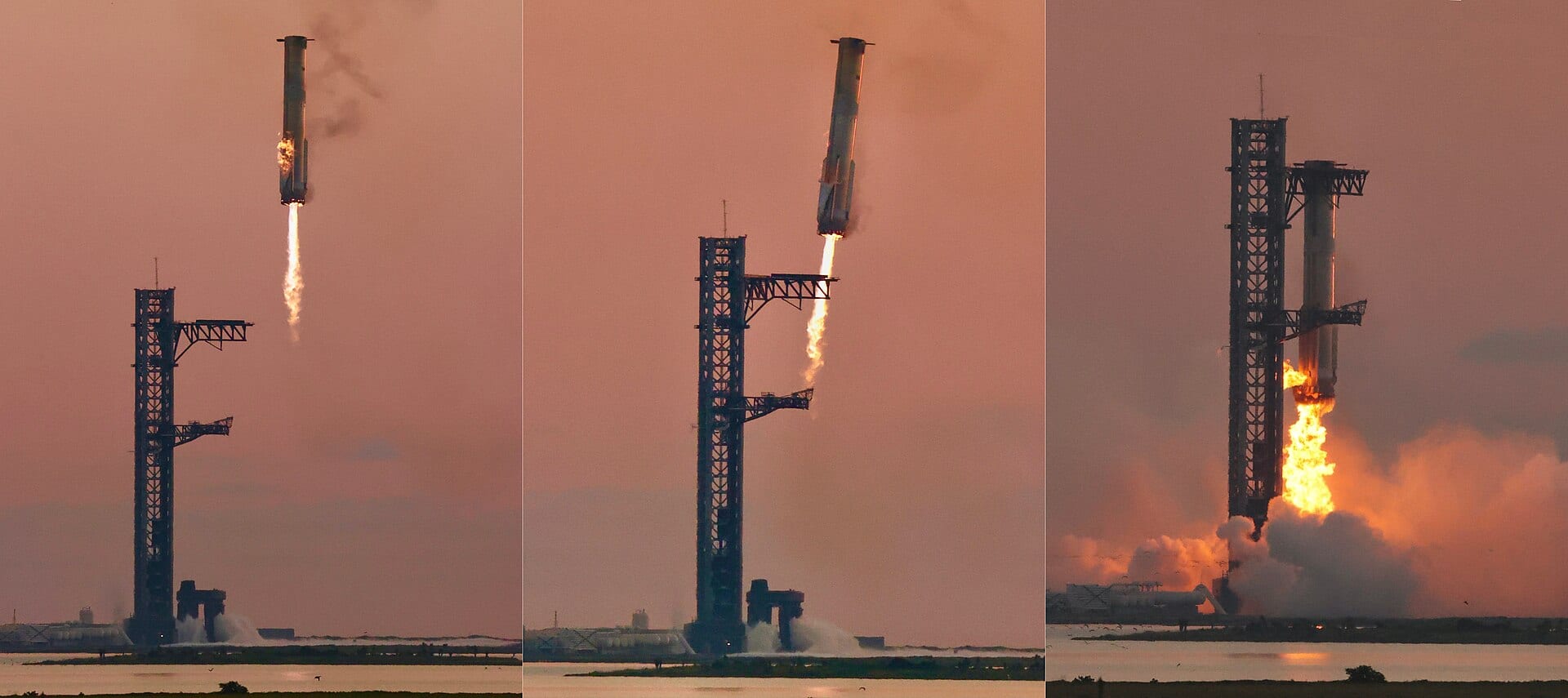 Three-frame sequence of a Super Heavy booster descending into the arms of the Starship launch tower at Starbase, Texas, at sunset.