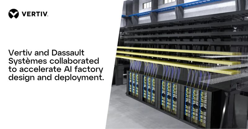 A render of a factory-built AI infrastructure module with rows of server racks and overhead piping, from Vertiv's collaboration with Dassault Systèmes