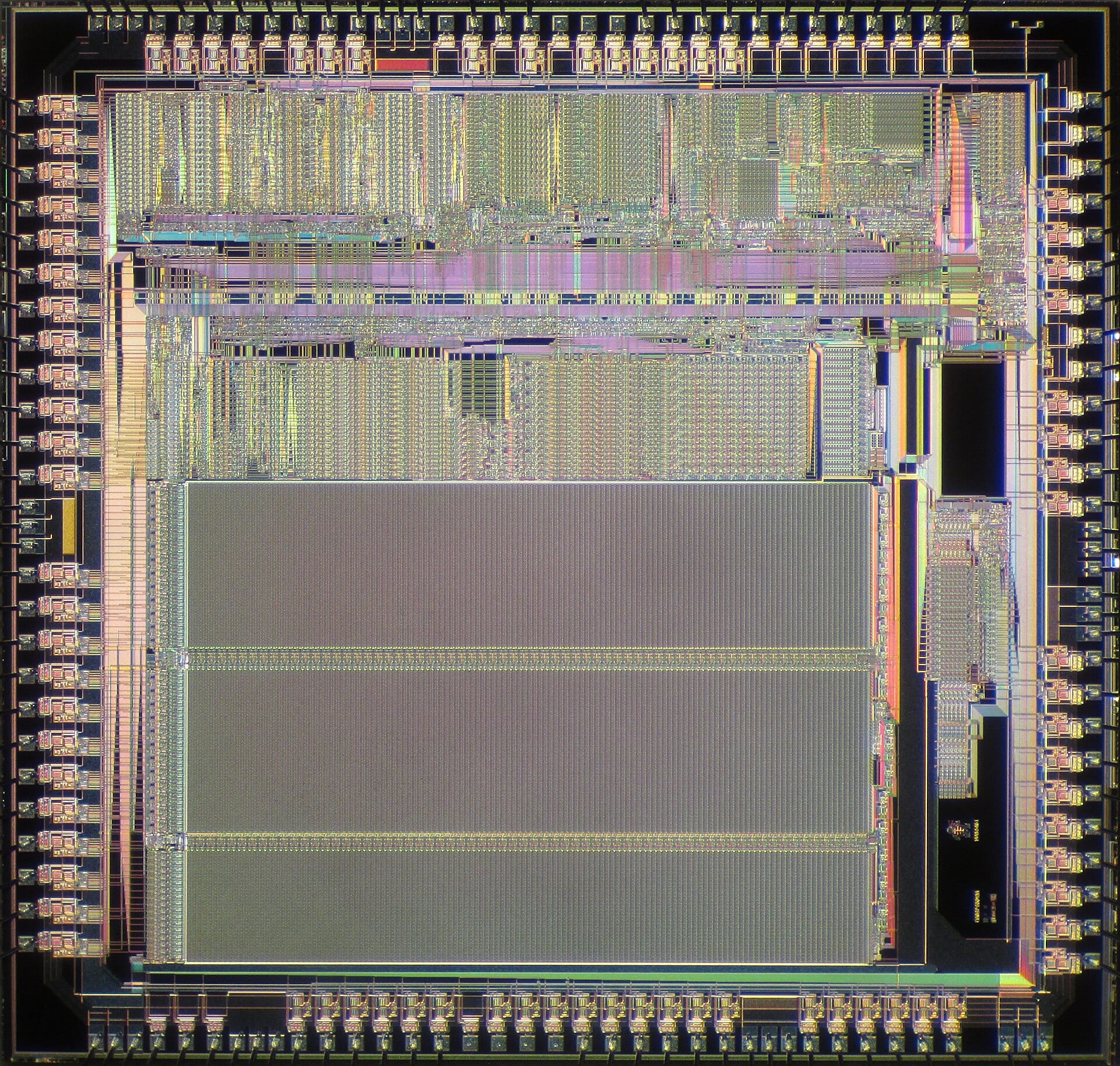 Close-up of the silicon die of an Analog Devices ADSP-2111 digital signal processor, showing its circuitry blocks and pin connections