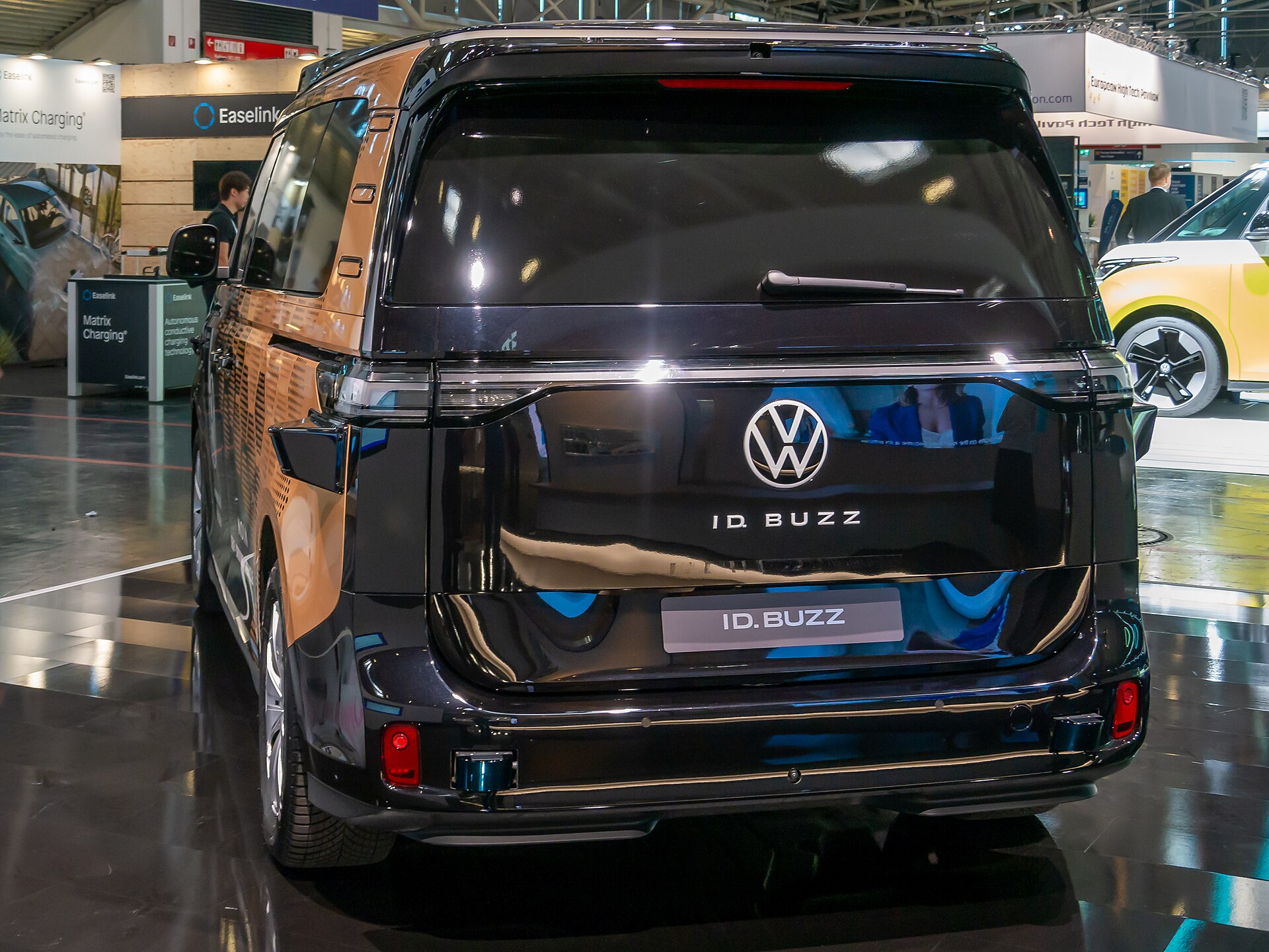 Rear view of a Volkswagen ID. Buzz autonomous prototype with roof and side sensor pods at the IAA Summit in Munich in September 2023