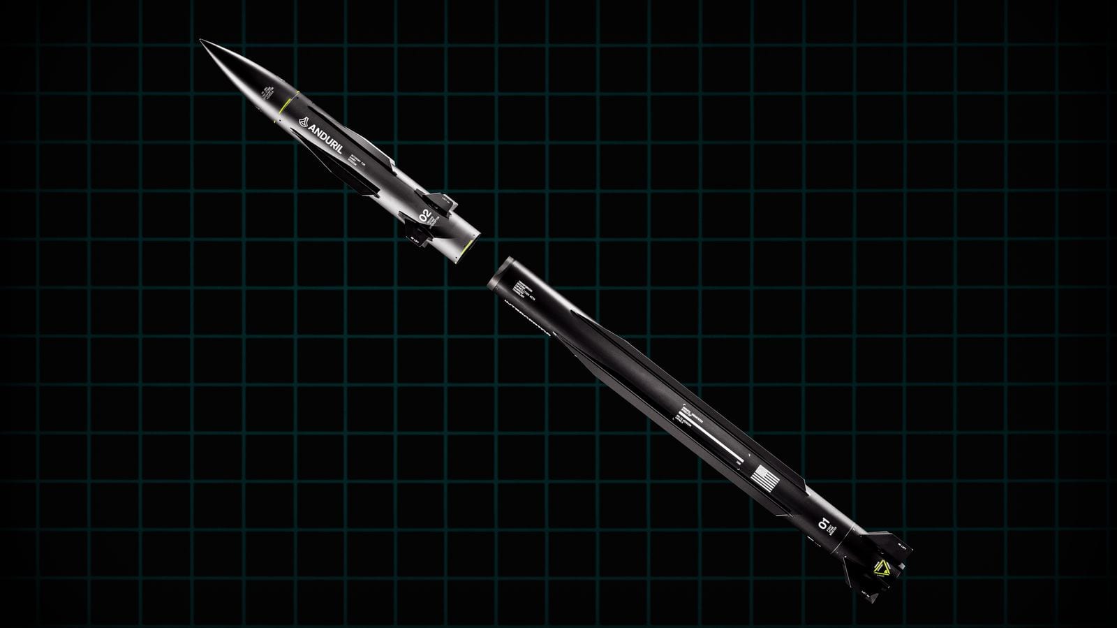 Two black Anduril Steelfin interceptor missiles on a dark grid background, one with a pointed seeker nose and one with a booster stage and tail fins.