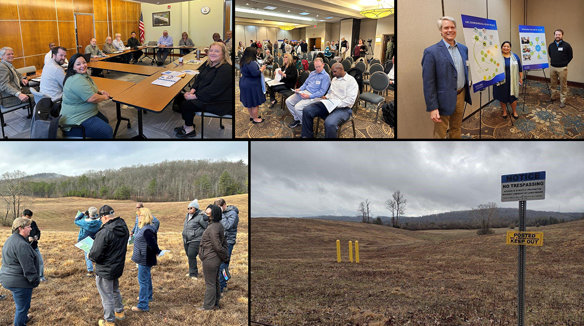 Collage of Nuclear Regulatory Commission staff touring the proposed TRISO-X fuel fabrication facility site in Oak Ridge, including a view across the open, fenced field