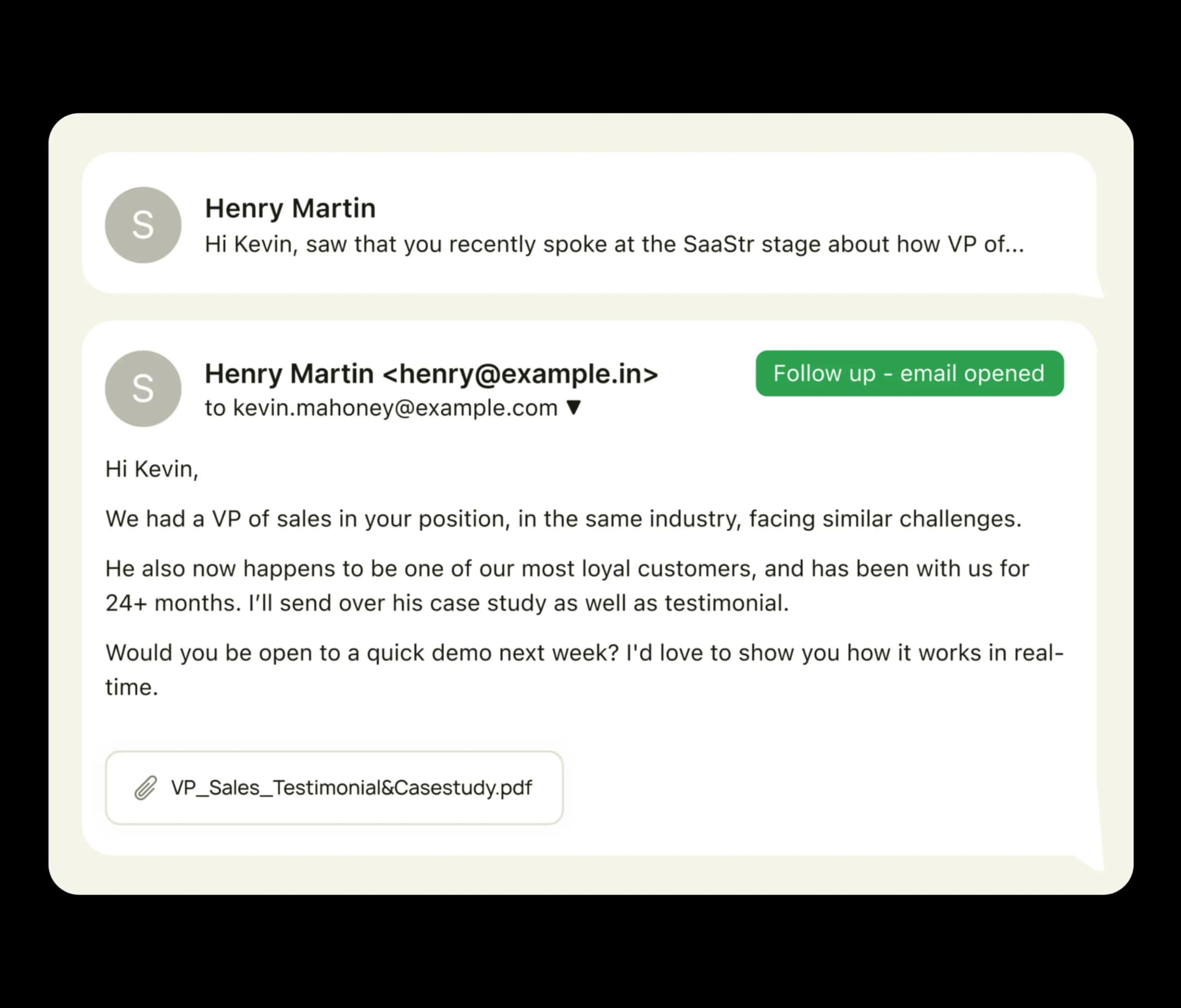 An outreach email drafted by Floworks' agent Alisha, marked for follow-up after the recipient opened it.